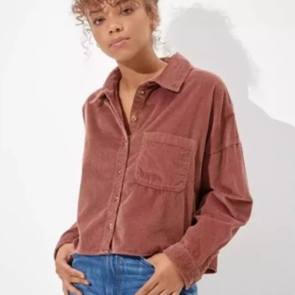 American Eagle XS / X- Small Crop Top Jacket Corduroy Pink Button Shirt Collar